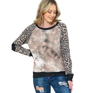 Taupe Elbow Patch Animal Print & Tie-Dye Raglan Top